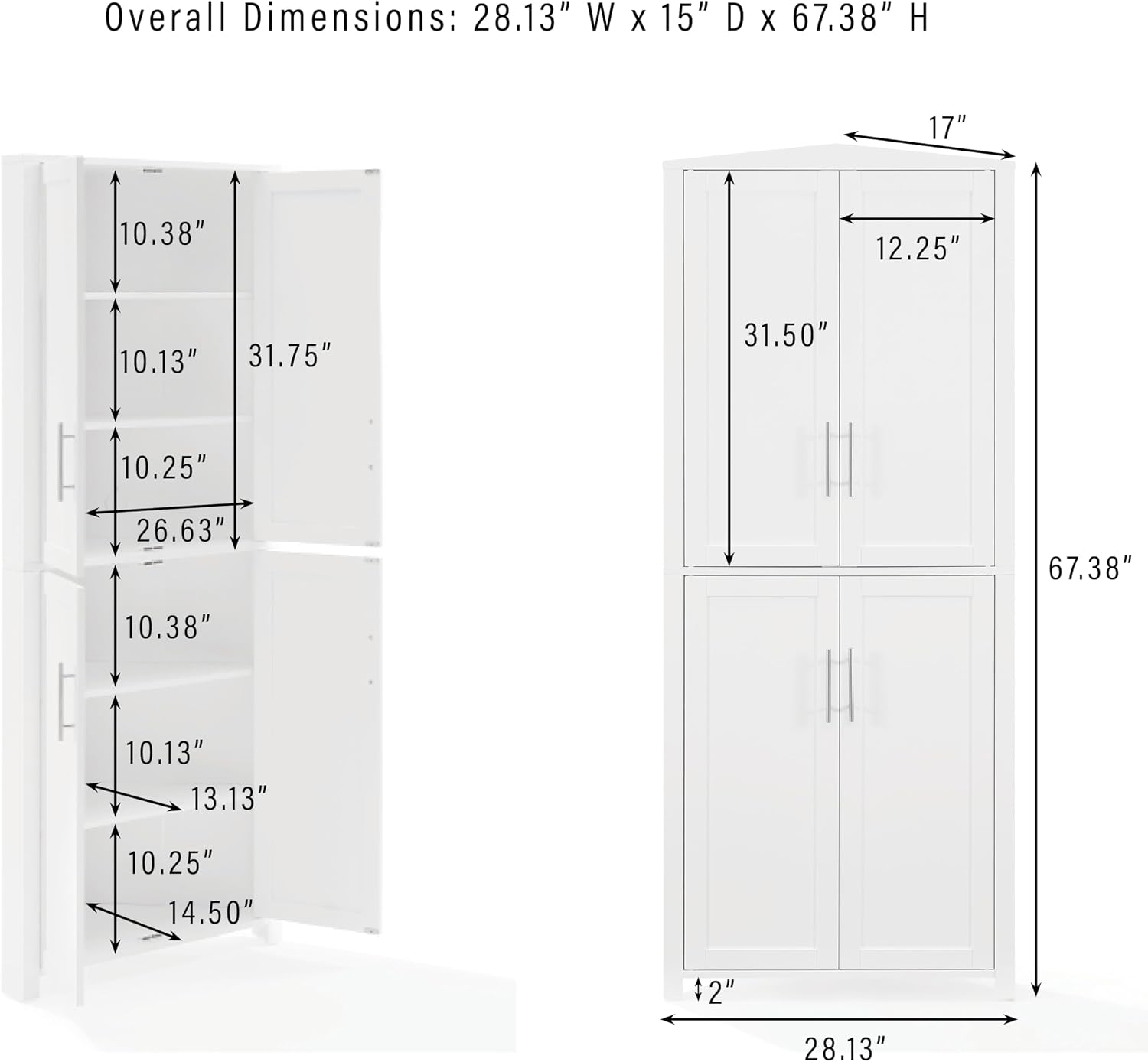Crosley Furniture Savannah Traditional Corner Pantry Storage Cabinet with Shelves, Kitchen, Dining, Laundry, White