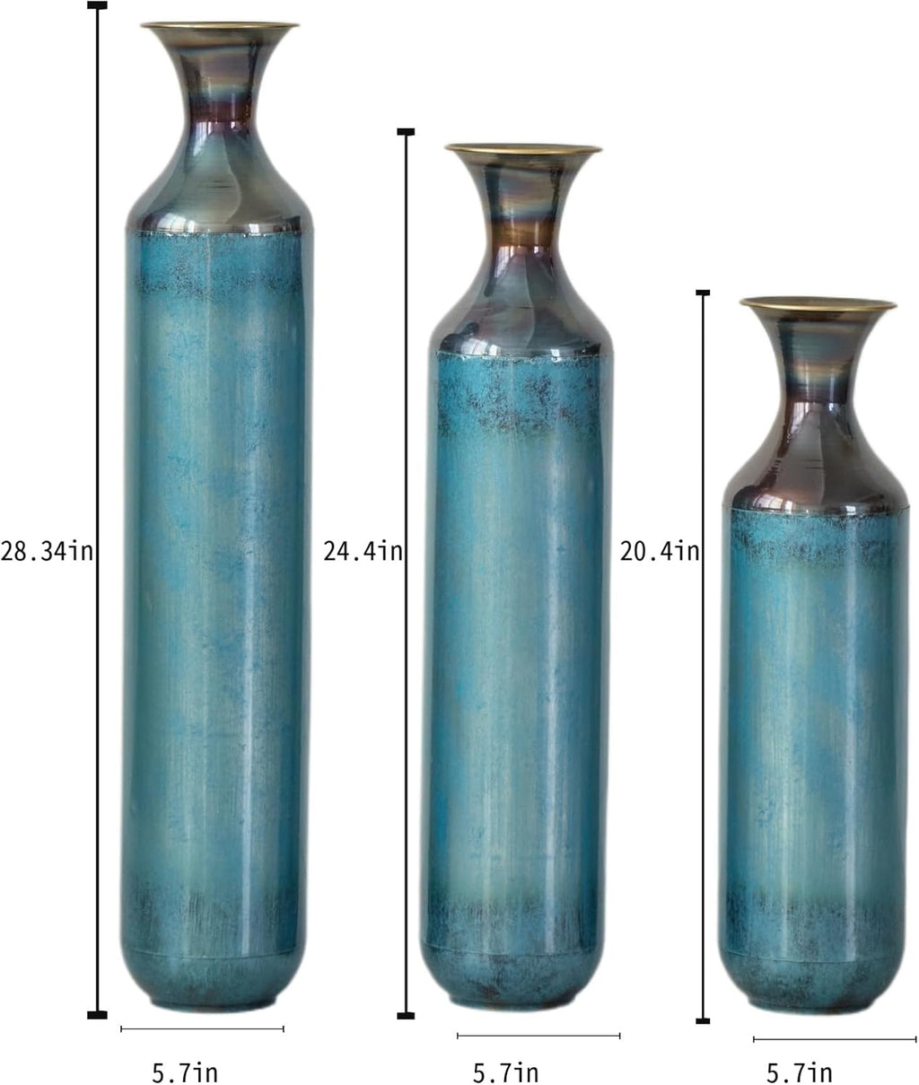 Aqua Blue Tall Floor Vase - 20.4/24.4/28.34 in Metal Droplet-Shaped Vases Extra Large Decorative Vase Set of 3 Living Room Modern Gorgeous Home Decoration Large Glazed Metal Vase