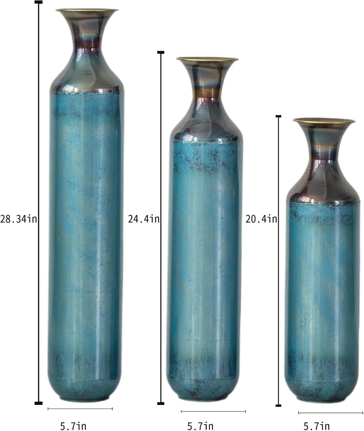 Aqua Blue Tall Floor Vase - 20.4/24.4/28.34 in Metal Droplet-Shaped Vases Extra Large Decorative Vase Set of 3 Living Room Modern Gorgeous Home Decoration Large Glazed Metal Vase