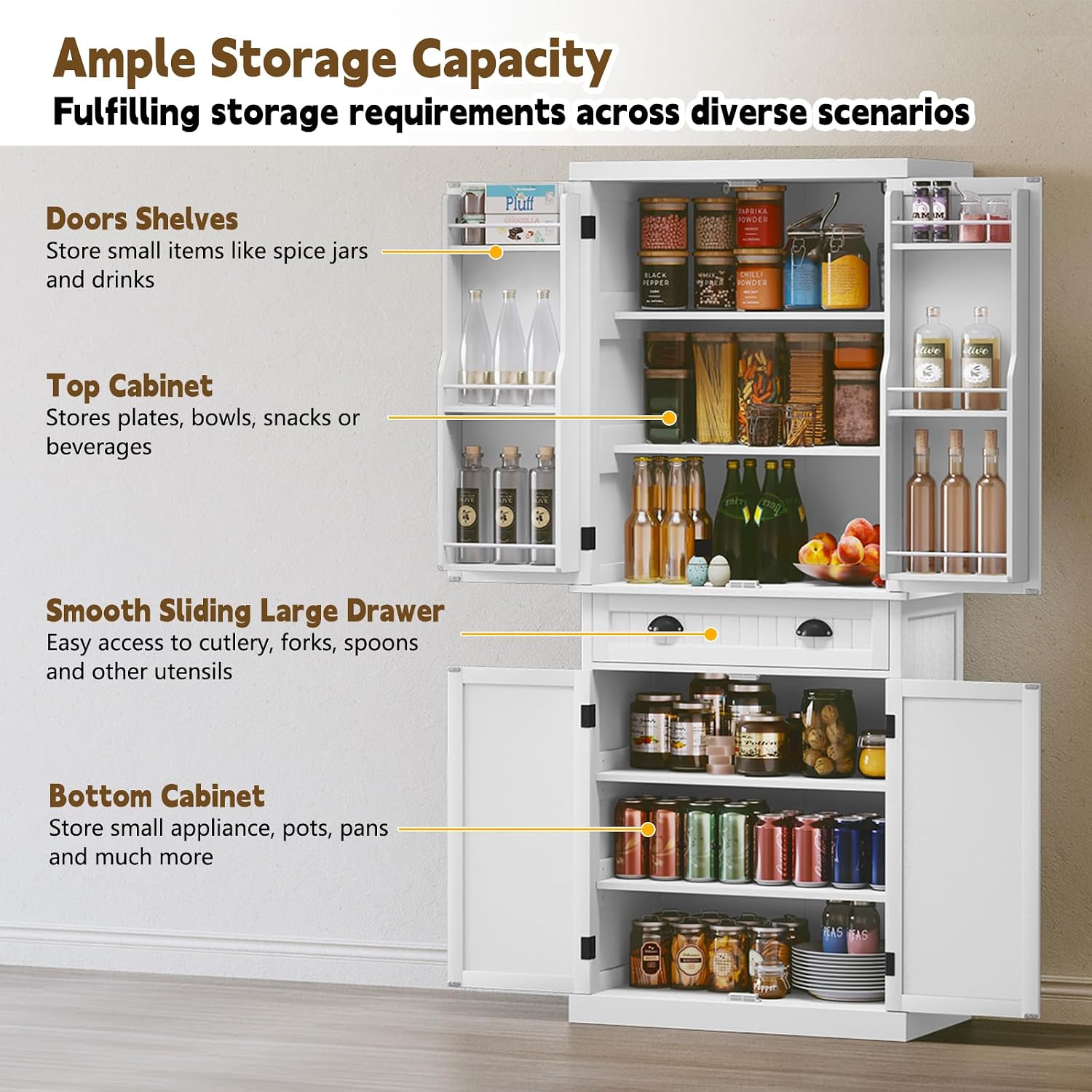 ARTPOWER 72' Pantry Storage Cabinet with Drawer, Freestanding Tall Cupboard Storage Cabinet, Utility Pantry with Door Shelves and 2 Adjustable Shelves for Kitchen, Dining Room,Living Room, White