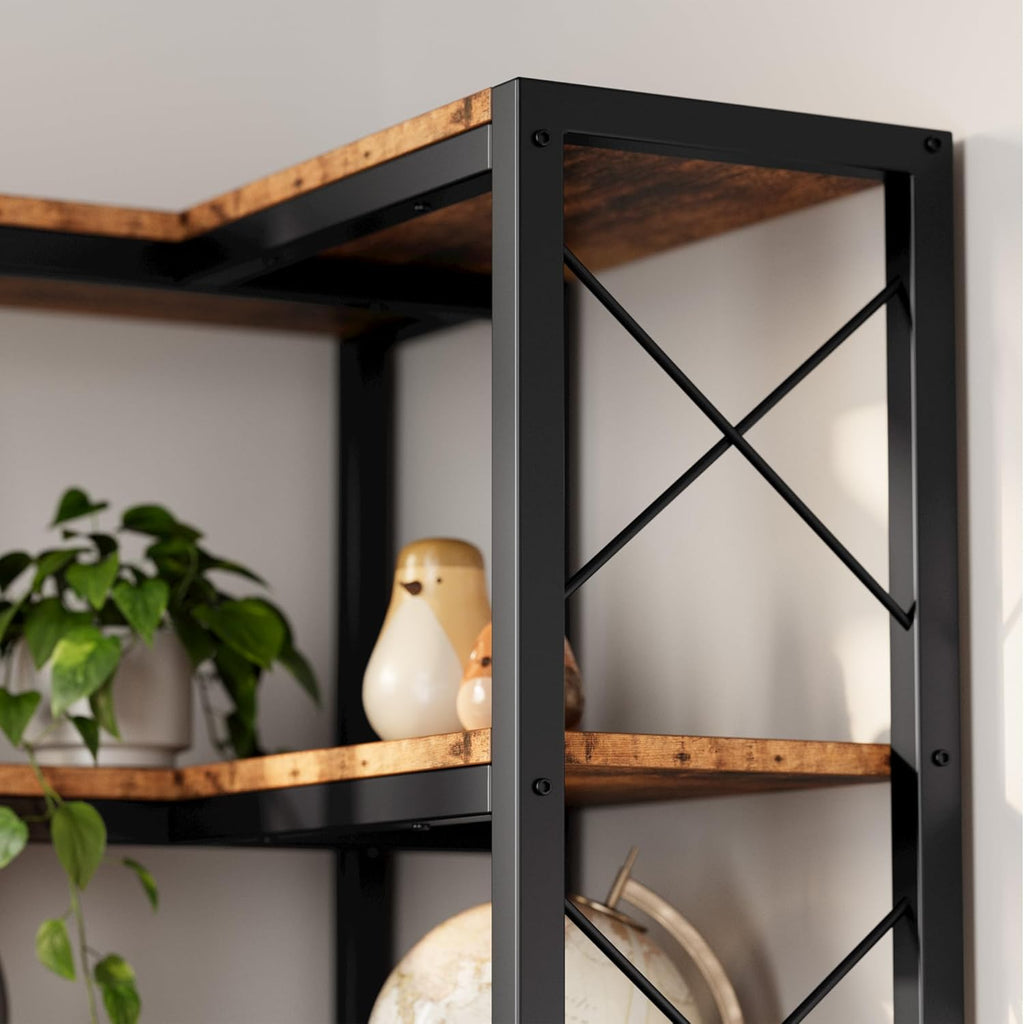 IRONCK Corner Bookshelf, 7-Tier Industrial Corner Bookcase, Tall Corner Shelf Storage Display Rack with Metal Frame for Living Room Home Office, Vintage Brown