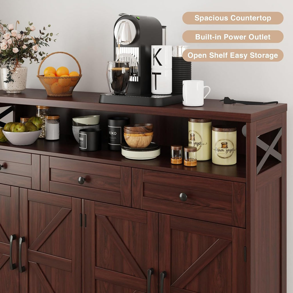 51' Dark Brown Buffet Sideboard Cabinet, Farmhouse Storage Cabinet Kitchen Pantry with Shelf and Drawers, Wood Cupboard Hutch Cabinet, Coffee Bar Station Table for Kitchen, Living Room, Dining Room