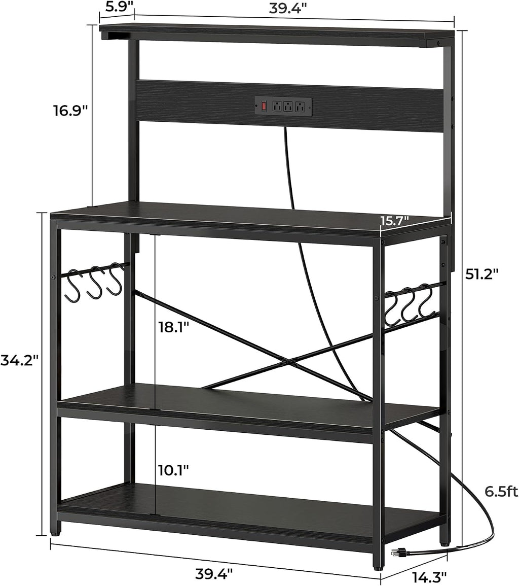 SUPERJARE Bakers Rack with Power Outlets, Microwave Stand, 39.4 X 14.3 Inch Larger Desktop, Kitchen Storage Rack with Adjustable Middle Shelf, 6 S-Shaped Hooks, Coffee Bar Stand, Black