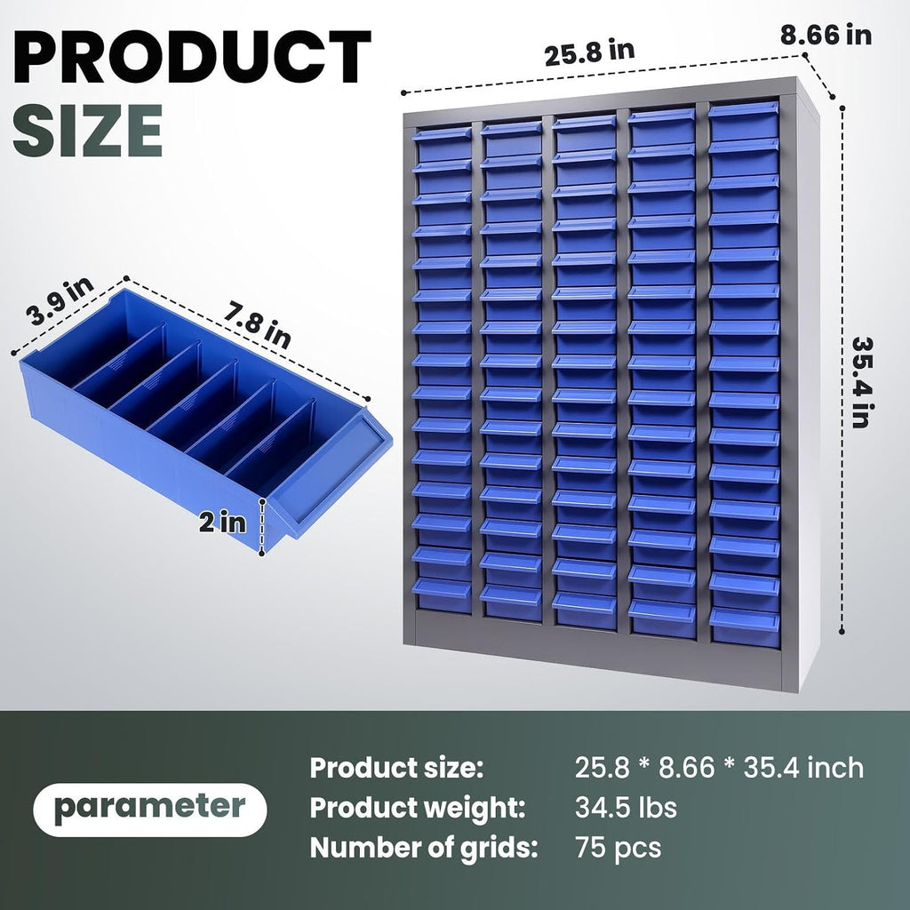 75-Drawer Nut and Bolt Organizer, Parts Cabinet No ssembly, with Labels & Adjustable Dividers, ABS Drawers, 860LBS, Alloy Steel Frame for Workshop Garage