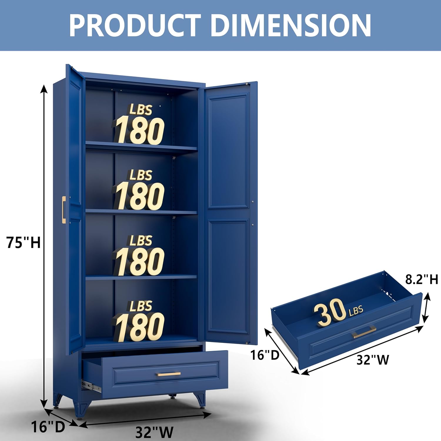 Polup Metal Storage Cabinet,75' Tall Kitchen Pantry Storage Cabinet with Doors and Adjustable Shelves, Blue Metal Pantry Cabinets with Drawer, Large Cupboard for Kitchen, Dining Living Room