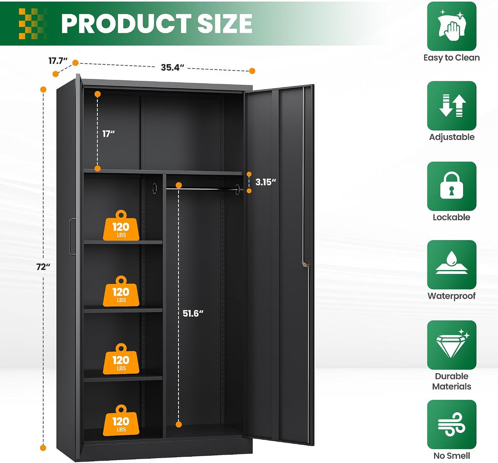 Broom Closet with Lock, Metal Storage Cabinet 36' Wide, 5-Tier Steel Utility Cabinet with Hanging Rod & Doors for Garage, Laundry Room, Warehouse Storage