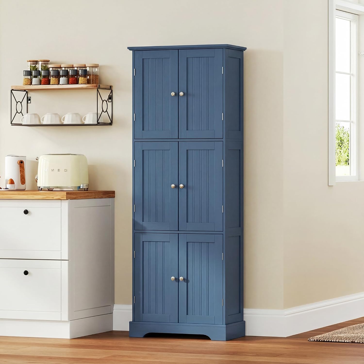 ChooChoo Tall Bathroom Storage Cabinet with 6 Doors, Freestanding Floor Cabinet with Adjustable Shelves, Blue Pantry Cabinet for Bathroom, Kitchen, Laundry Room