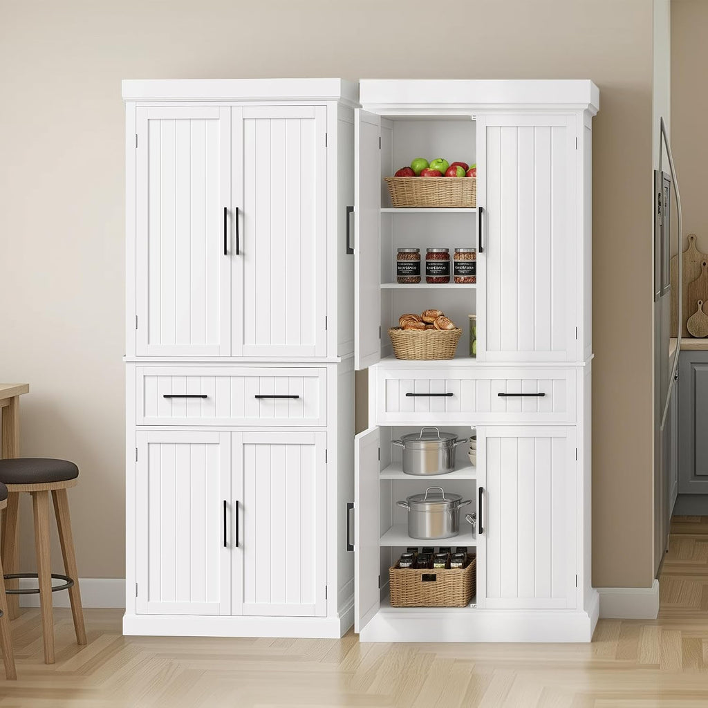 Yaheetech Kitchen Pantry Storage Cabinet with 4 Doors and 2 Adjustable Shelves, 72.5' Freestanding Tall Cupboard Cabinet with Drawer for Dining/Living Room, White