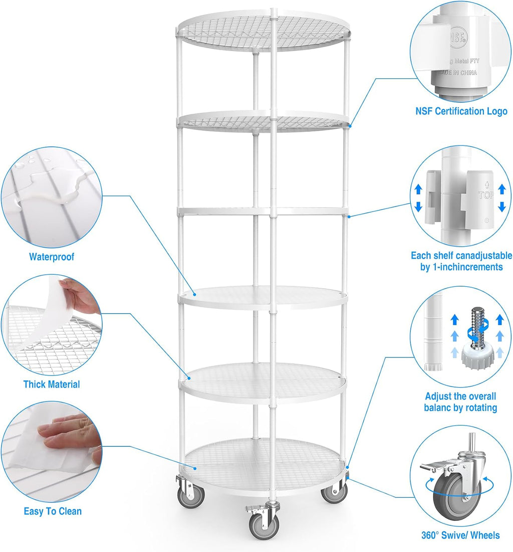 White 6 Tier NSF Metal Round Wire Shelving Units with Shelf Liners, 2400lbs Storage Rack with 4 Wheels for Kitchen, Utility Room, Warehouse, 85.5' H x 30' L x 30' W
