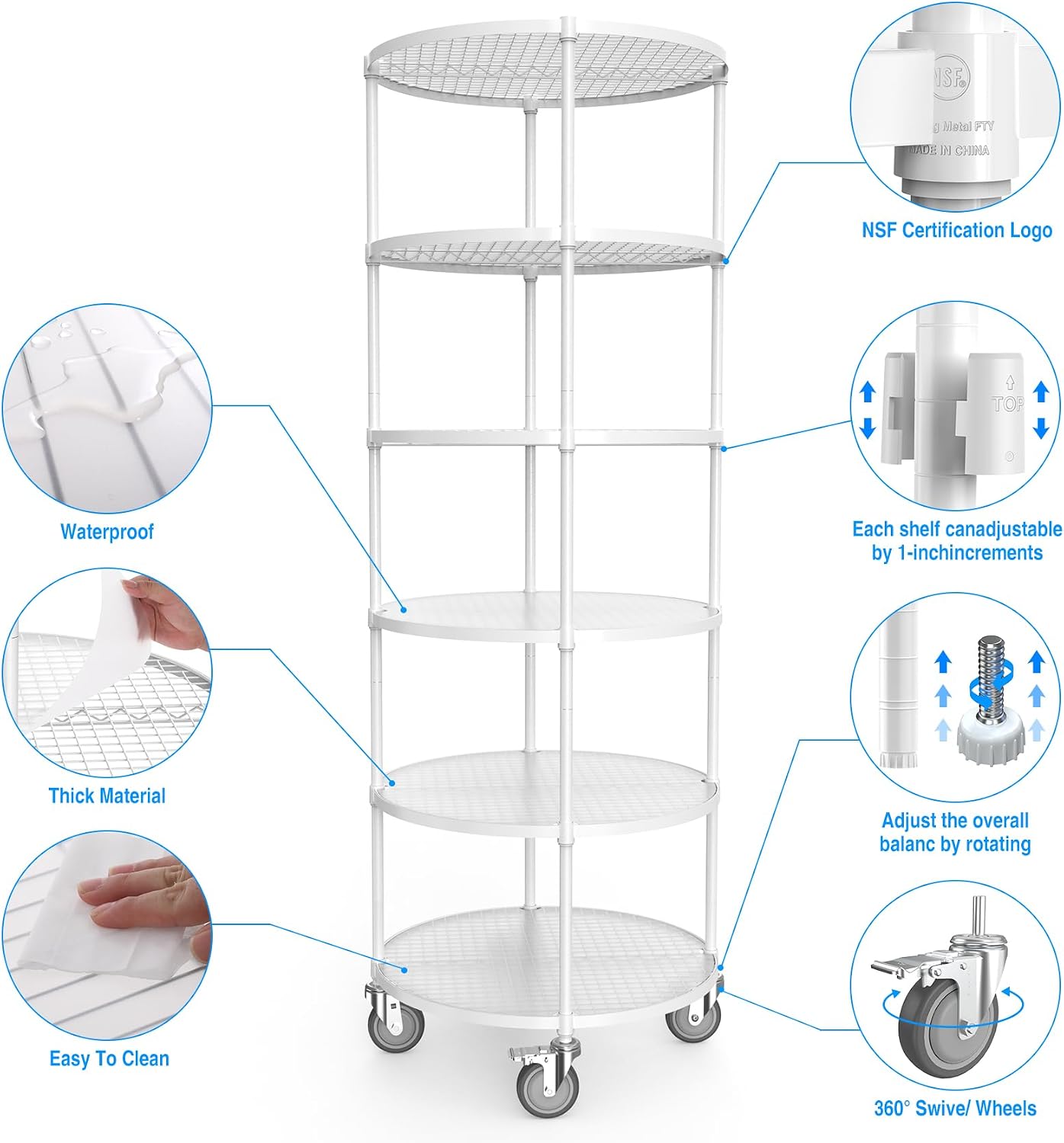 White 6 Tier NSF Metal Round Wire Shelving Units with Shelf Liners, 2400lbs Storage Rack with 4 Wheels for Kitchen, Utility Room, Warehouse, 85.5' H x 30' L x 30' W