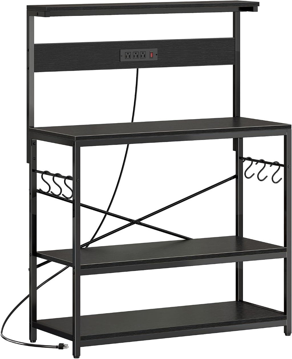 SUPERJARE Bakers Rack with Power Outlets, Microwave Stand, 39.4 X 14.3 Inch Larger Desktop, Kitchen Storage Rack with Adjustable Middle Shelf, 6 S-Shaped Hooks, Coffee Bar Stand, Black