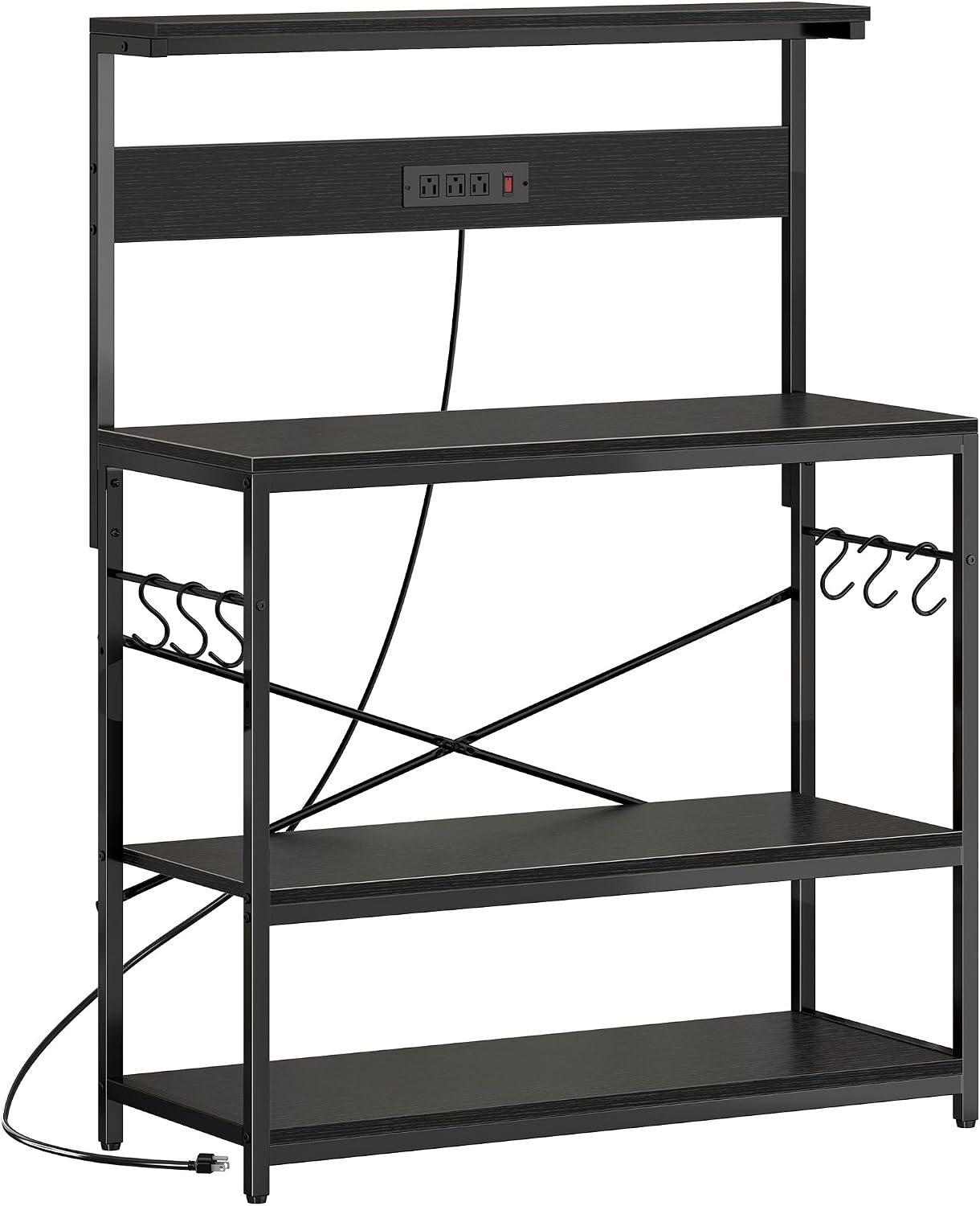 SUPERJARE Bakers Rack with Power Outlets, Microwave Stand, 39.4 X 14.3 Inch Larger Desktop, Kitchen Storage Rack with Adjustable Middle Shelf, 6 S-Shaped Hooks, Coffee Bar Stand, Black