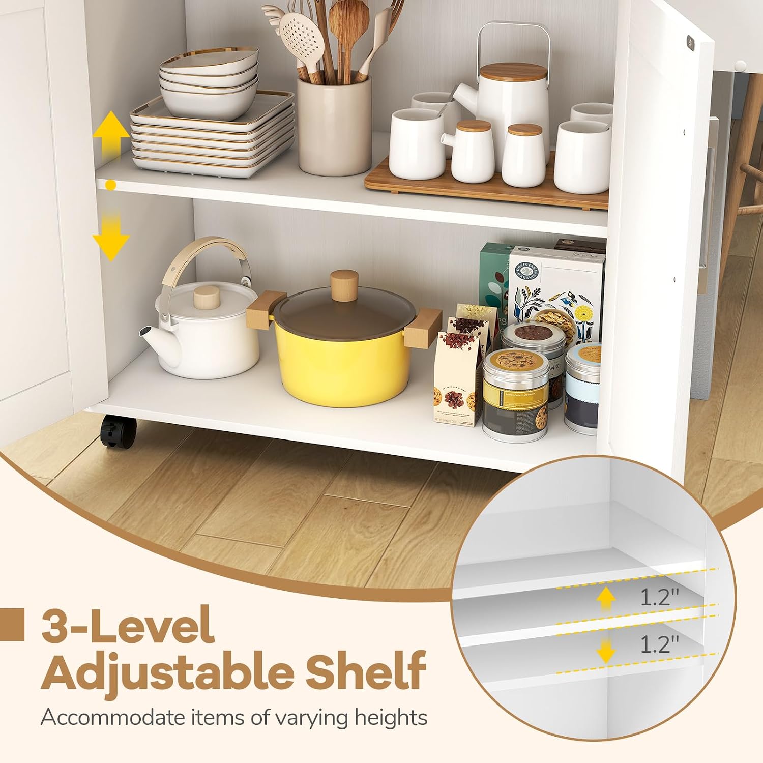 COSTWAY Kitchen Island On Wheels, Rolling Storage Trolley Cart with Large Cabinet, Drawer, Spice Rack and Towel Rack, Kitchen Serving Utility, 3-Position Adjustable Shelf (White)