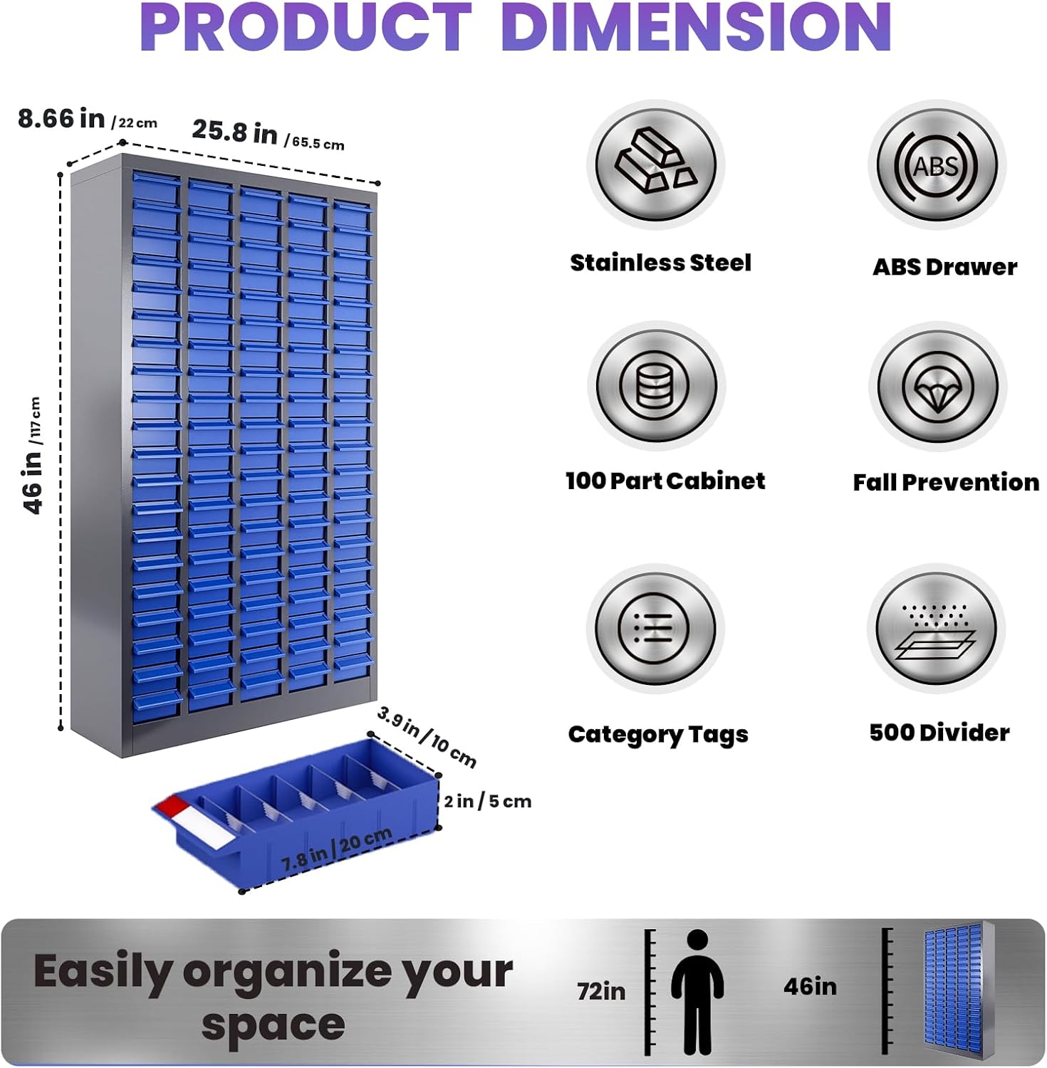 100 Drawers Stainless Steel Nut and Bolt Organizer, Parts Cabinet with Adjustable Shelves and Label Stickers, Bolt Organizer for Nuts Bolts Parts Screws Small Items (100 Drawers)