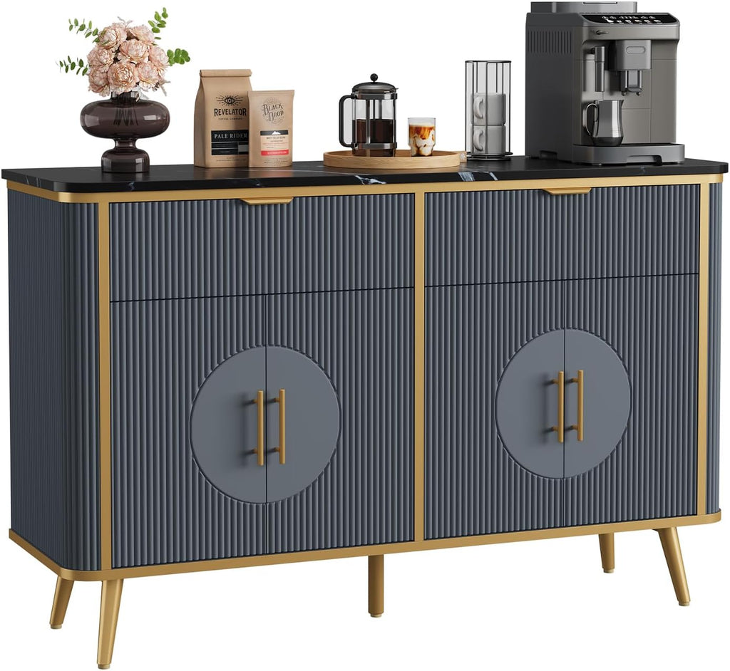 47.2' Buffet Storage Cabinet, Modern Fluted Coffee Bar Station with 2 Drawers & Adjustable Shelves, Kitchen Sideboard Buffet for Dining Room, Living Room, Hallway, Navy Blue