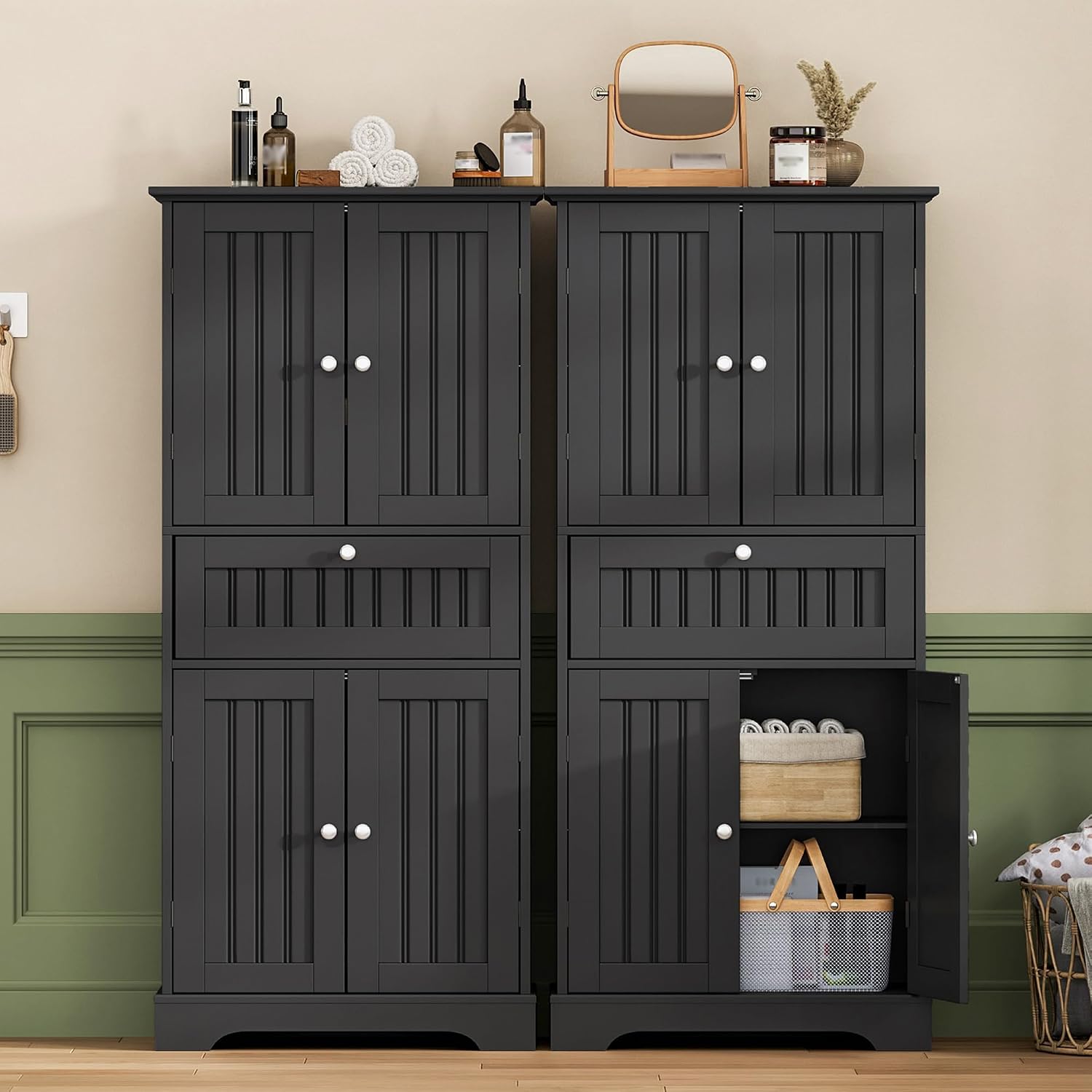 ChooChoo 51' H Tall Bathroom Floor Cabinet, Modern Bathroom Storage Cabinet with Drawer and Adjustable Shelves, Freestanding Kitchen Pantry Cupboard with 4 Doors for Living Room, Black