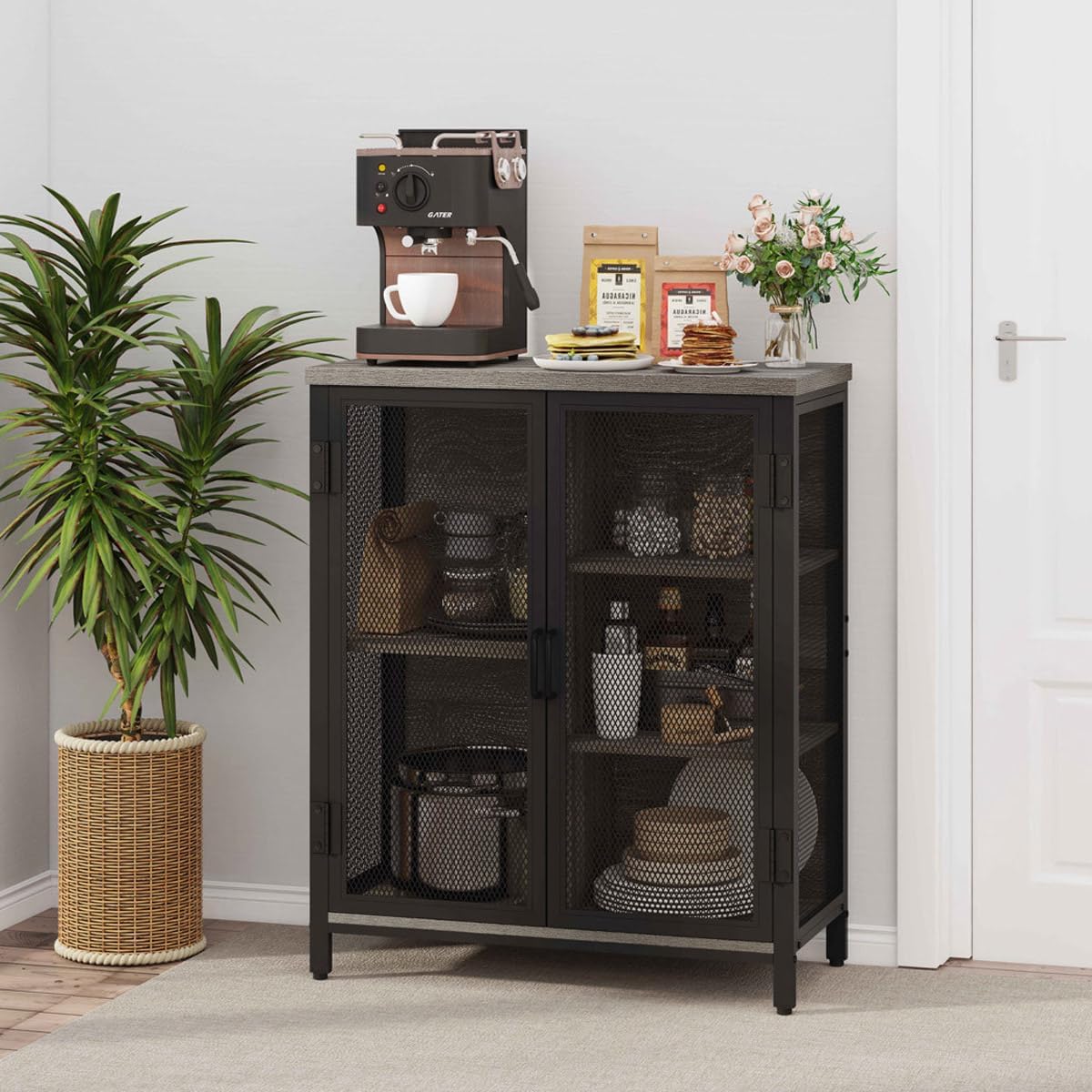 BON AUGURE Small Coffee Bar Cabinet with Storage, Farmhouse Liquor Cabinet for Home Coffee Station, Wood Sideboard Buffet with Doors for Kitchen, Dining Room, Living Room, Dark Grey Oak
