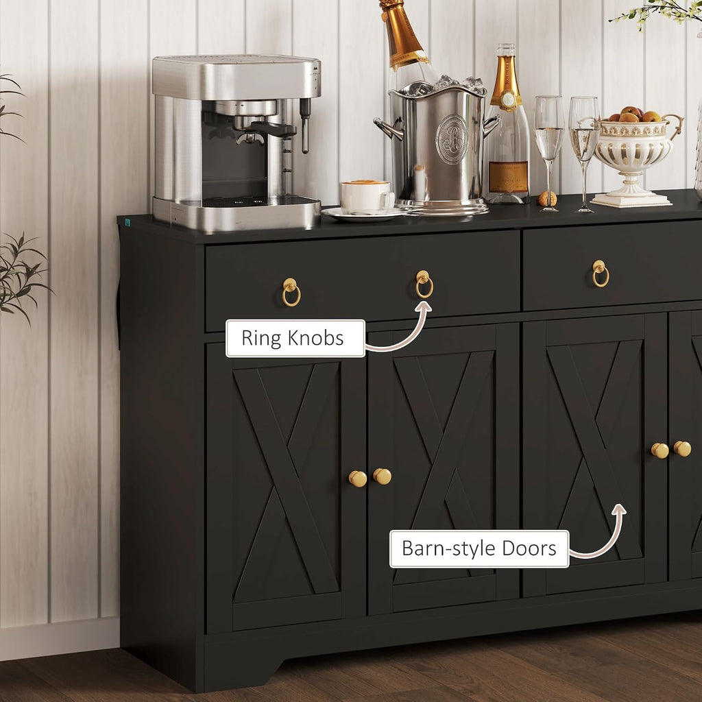 HOMCOM 48' Sideboard Buffet with Storage, Kitchen Storage Cabinet with 2 Drawers and 4 Barn Doors, Farmhouse Coffee Bar Cabinet with Adjustable Shelves, Black