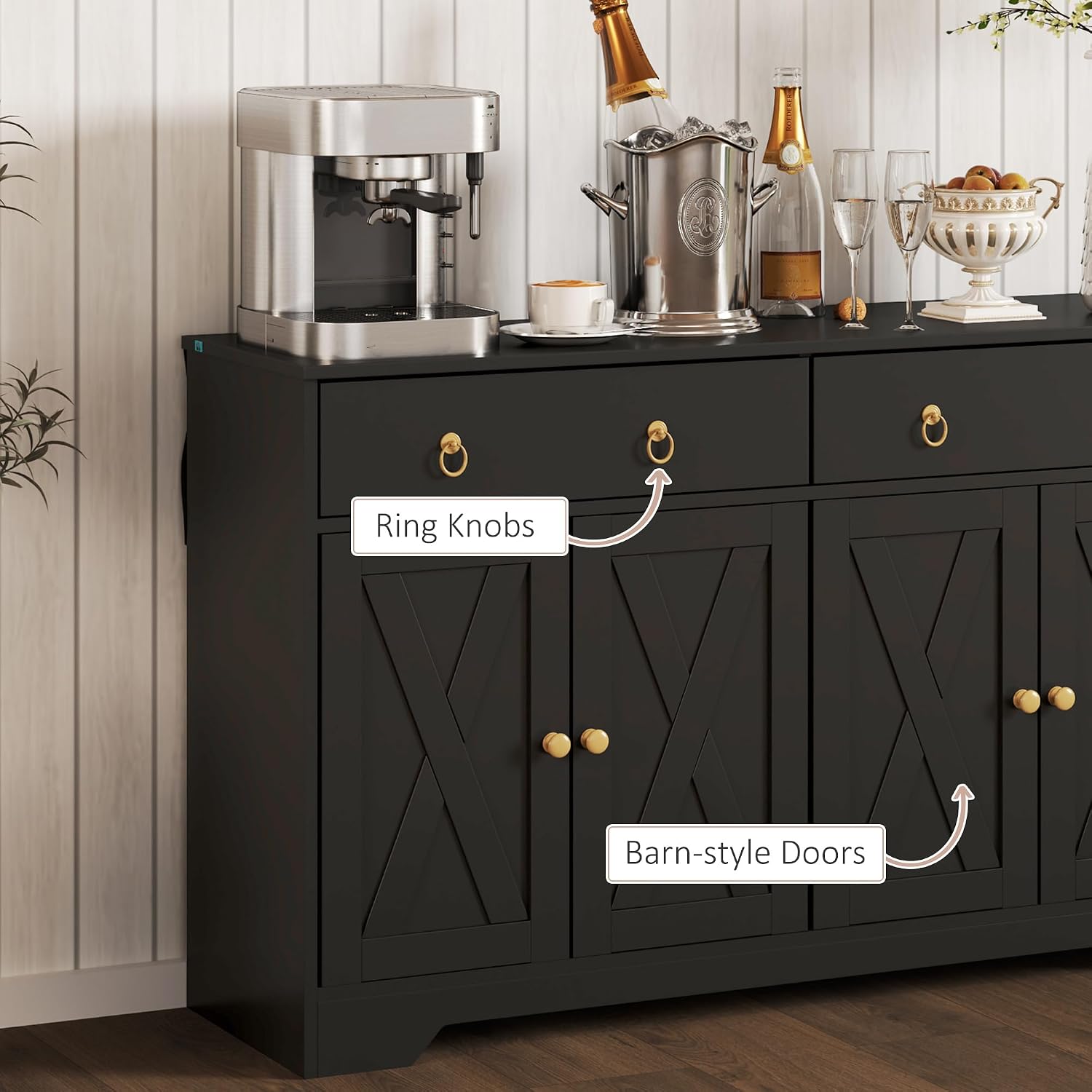 HOMCOM 48' Sideboard Buffet with Storage, Kitchen Storage Cabinet with 2 Drawers and 4 Barn Doors, Farmhouse Coffee Bar Cabinet with Adjustable Shelves, Black