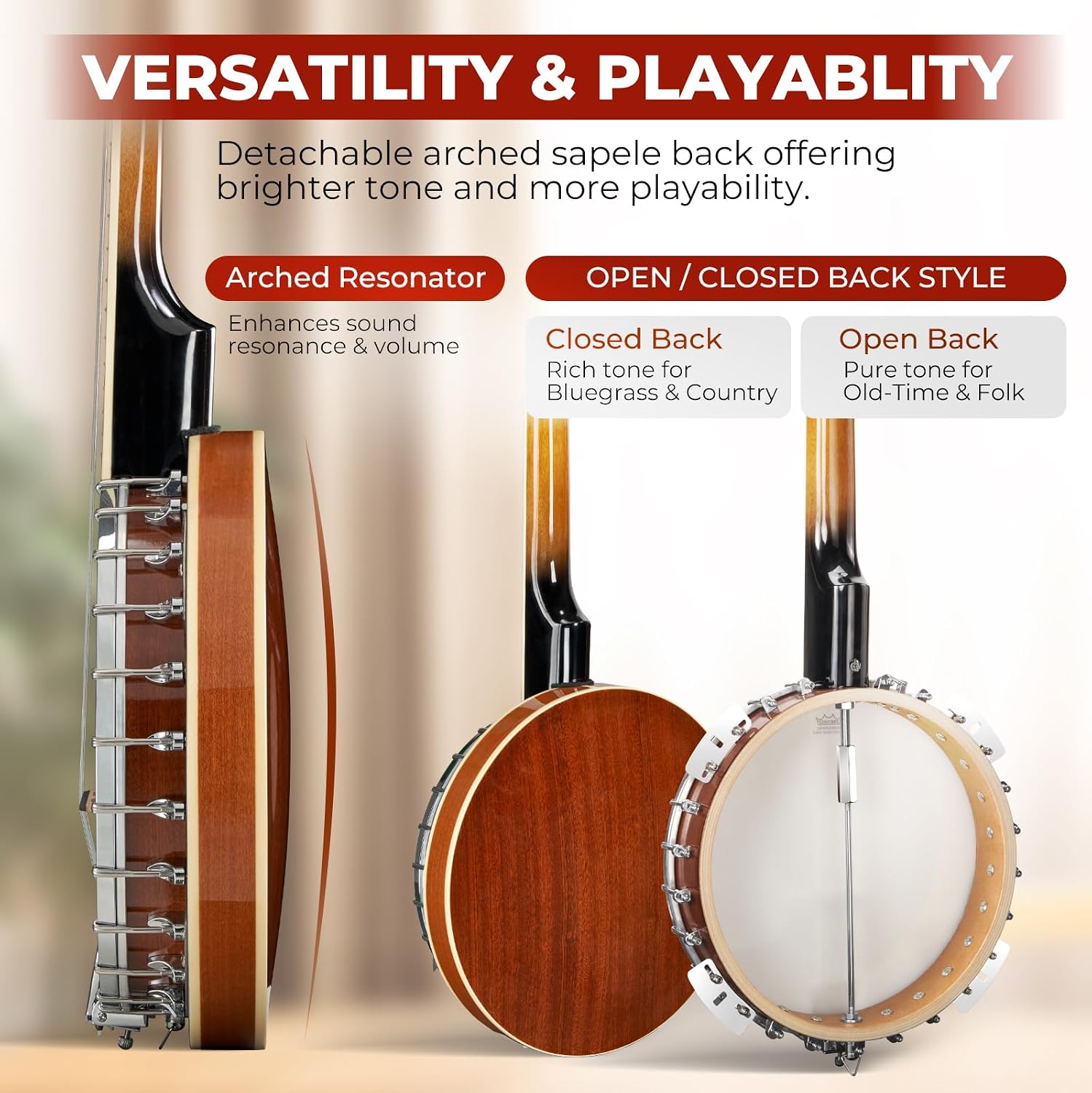 Vangoa NYLON Banjo 5 String Kit, 38 Inch Full Size Banjo with Nylon Strings with Gig Bag, Premium Accessories Outfit, Starter Kit for Beginners Adults Teens, Brown