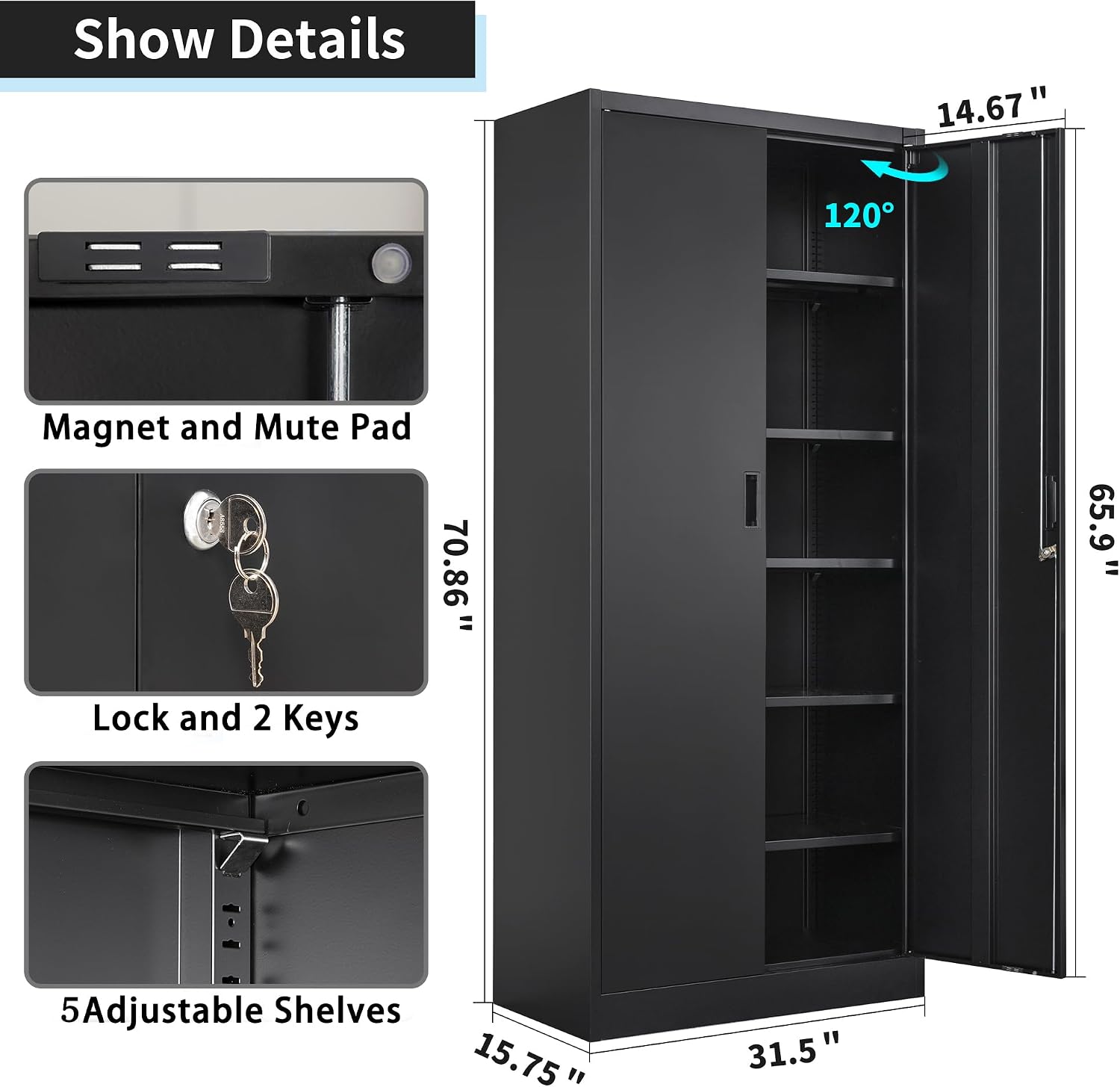 Wanfu Metal Storage Cabinet, 71'H Metal Garage Cabinet with 5 Adjustable Shelves, Locking Storage Cabinets for Garage, Home, Office, Pantry(Black)