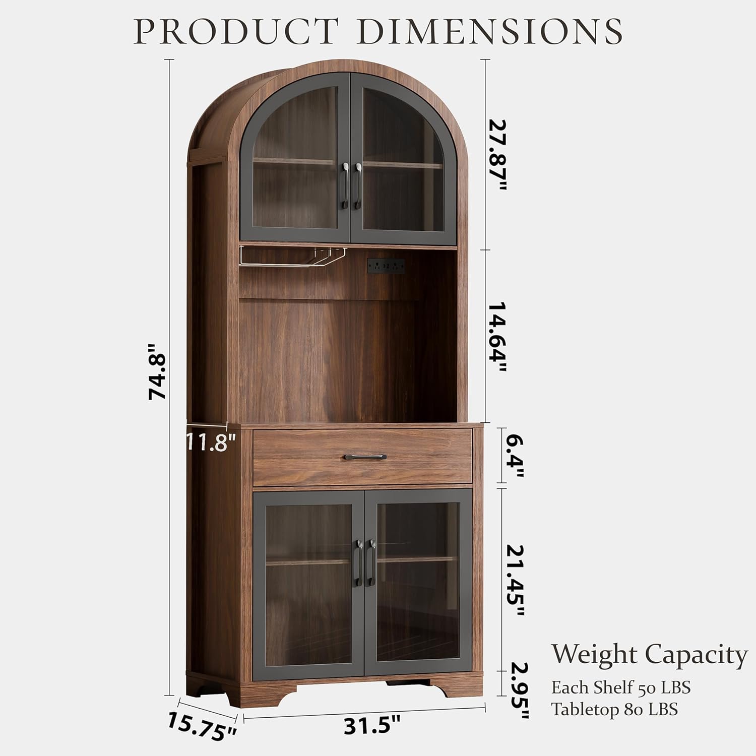75' Tall Arched Pantry Cabinet with Charging Station & LED Light, Kitchen Pantry Cabinet with Microwave Stand, Drawers and Adjustable Shelf, Coffee Bar Liquor Cabinet for Dining Room