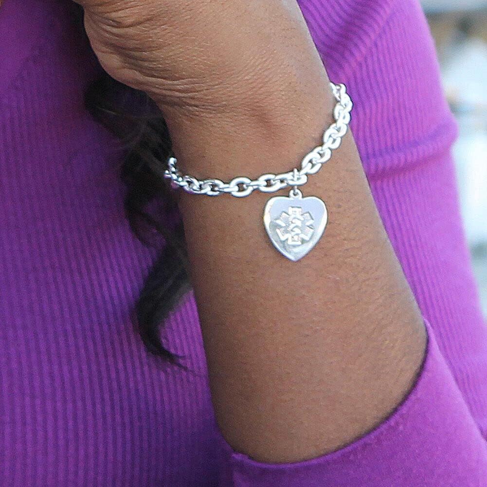 American Medical ID – Sterling Silver Heart Charm Embossed Medical ID Bracelet, for 5.5'- 8.5' wrist – 5 Lines of Free Engraving