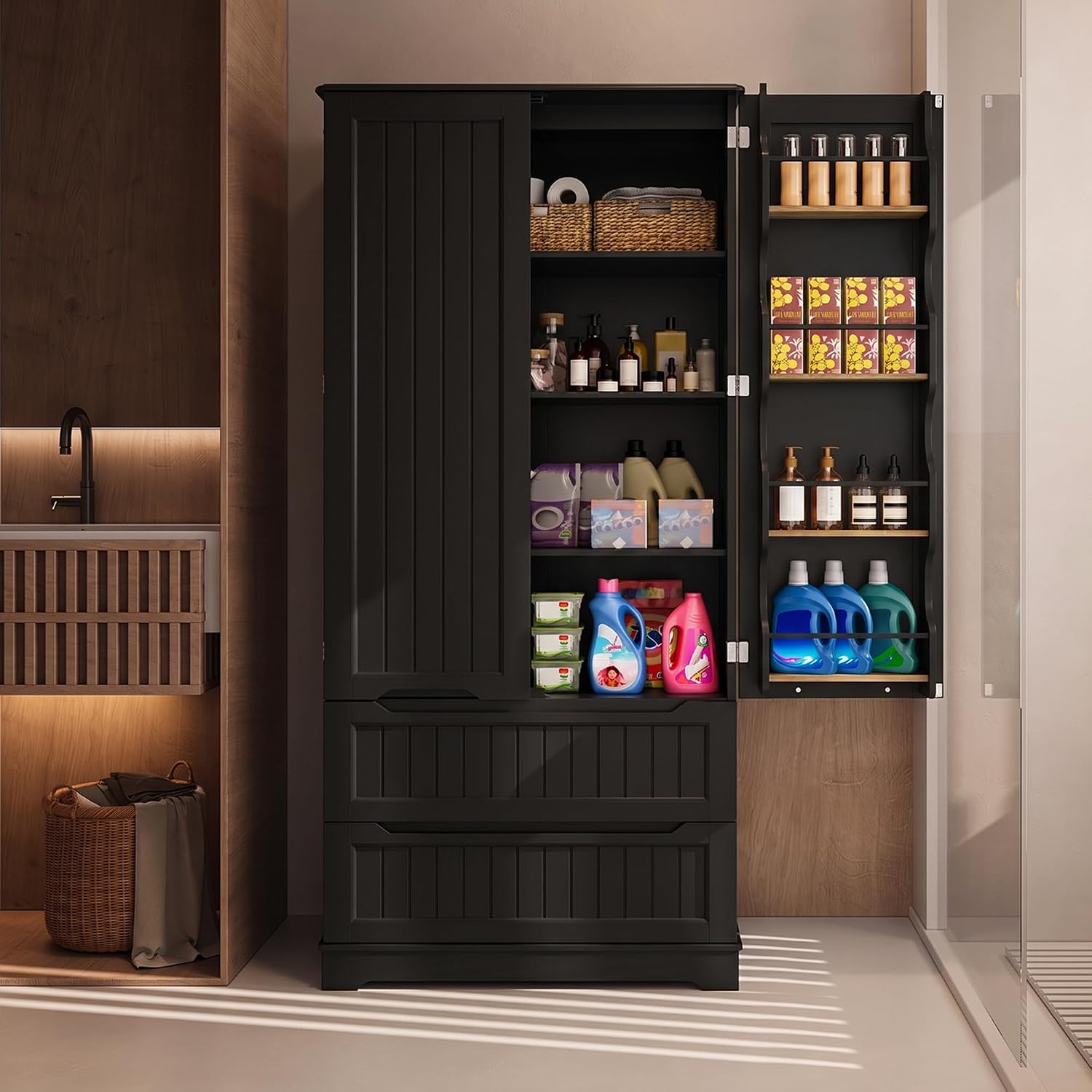 Gizoon 71' Tall Kitchen Pantry Cabinet with Drawers for Dining Room, Food Pantry Storage Cabinet with 8 Doors Shelves for Snack and Spice, Large Craft Storage Cabinet for Craft Room, Black, Painted