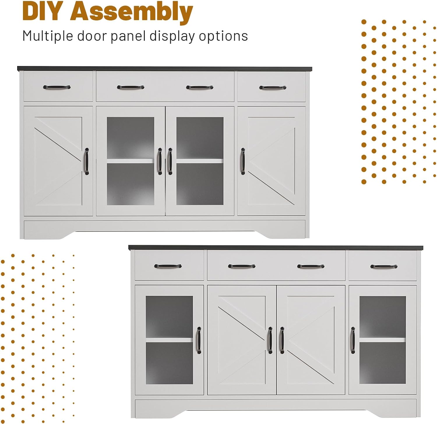 Likein Sideboard Buffet Cabinet with Storage, 55' Kitchen Coffee Bar Cabinet with 3 Drawers & Glass Doors, Farmhouse Sideboard Buffet Table with Adjustable Shelves for Living Room, Dining Room, White