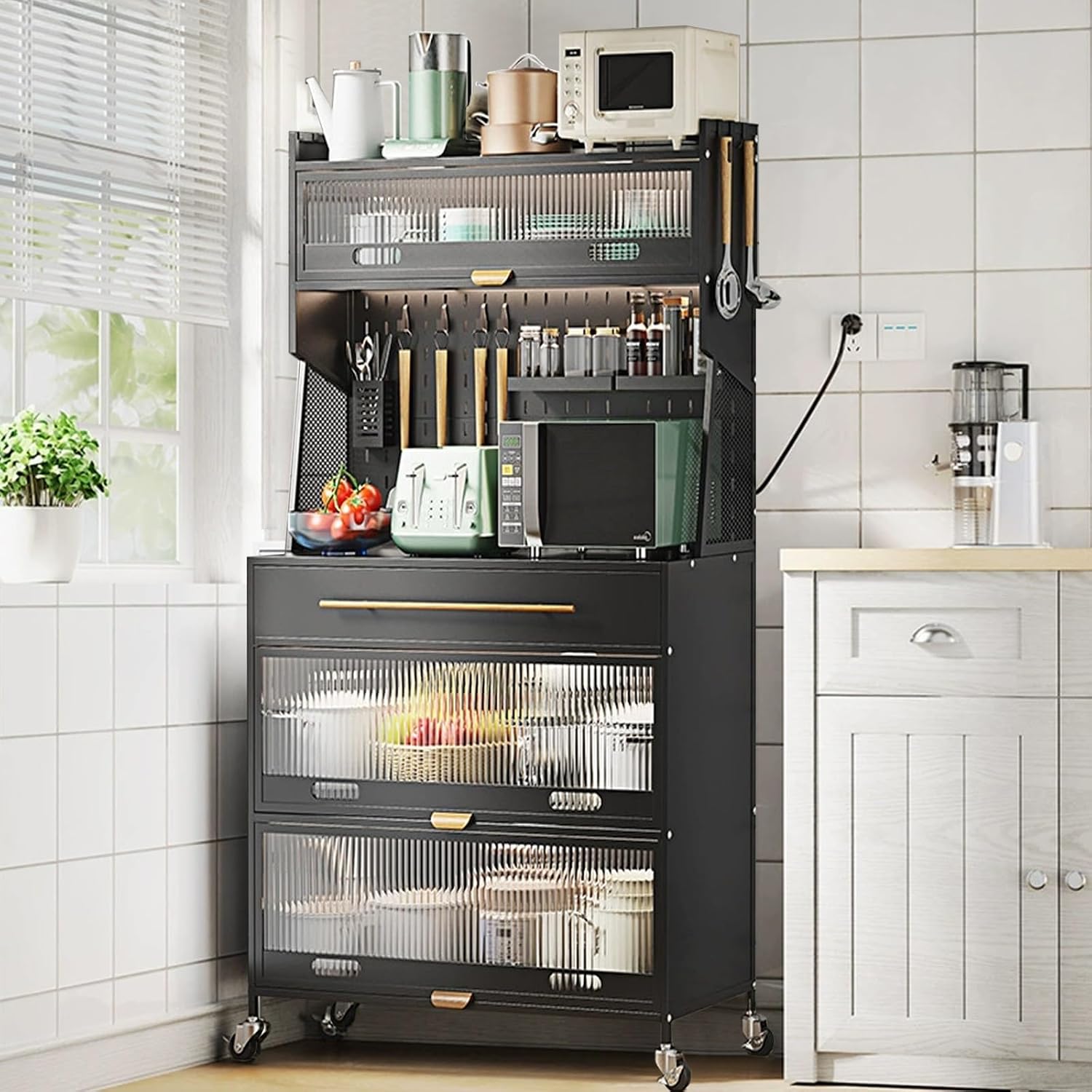 5-Tier Microwave Storage Stand - Kitchen Baker's Rack with Drawers Versatile Storage Cabinet for Home Office Pantry - Stylish Black Design,Black,80cm