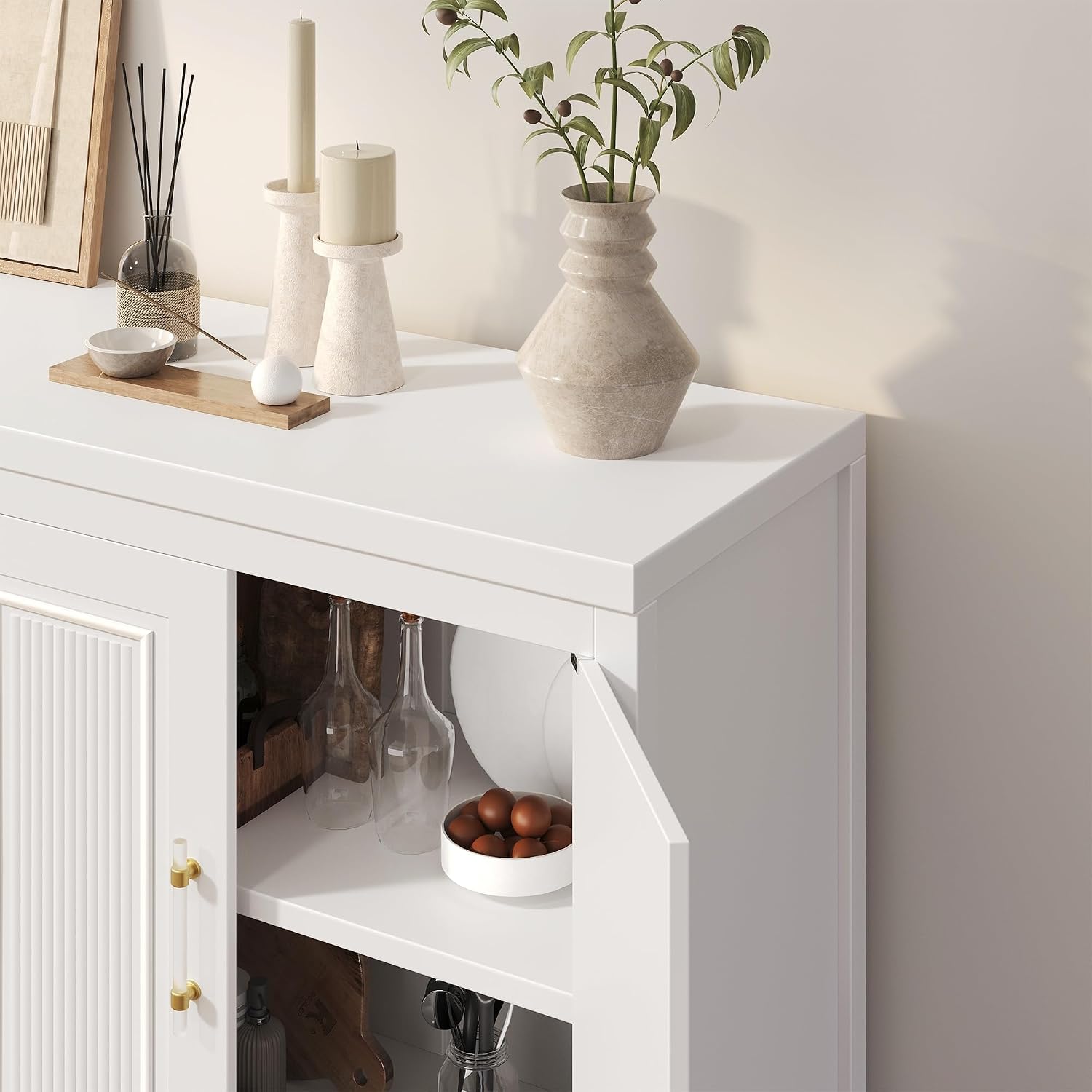 Jocoevol 55'' Buffet Cabinet with Storage, Modern Fluted Door Design Sideboard Buffet Cabinet with Storage and Adjustable Shelf, Coffee Bar Station for Kitchen, Dining Room, Pure White