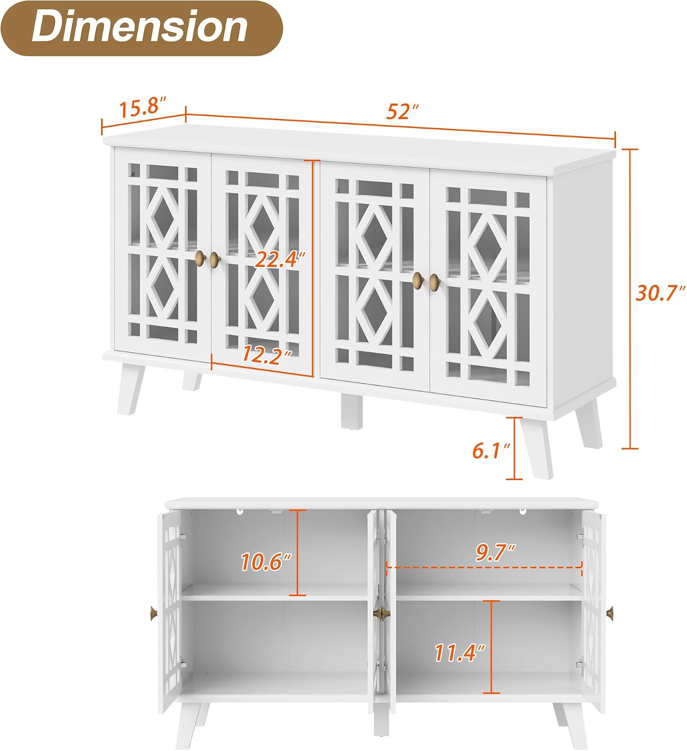 Scurrty 52' Buffet Cabinet with Storage,Sideboard with 4 Doors, Skeletonized Coffee Bar with Storage, Sideboard Cabinet for Dinning Room, Kitchen & Living Room (White)