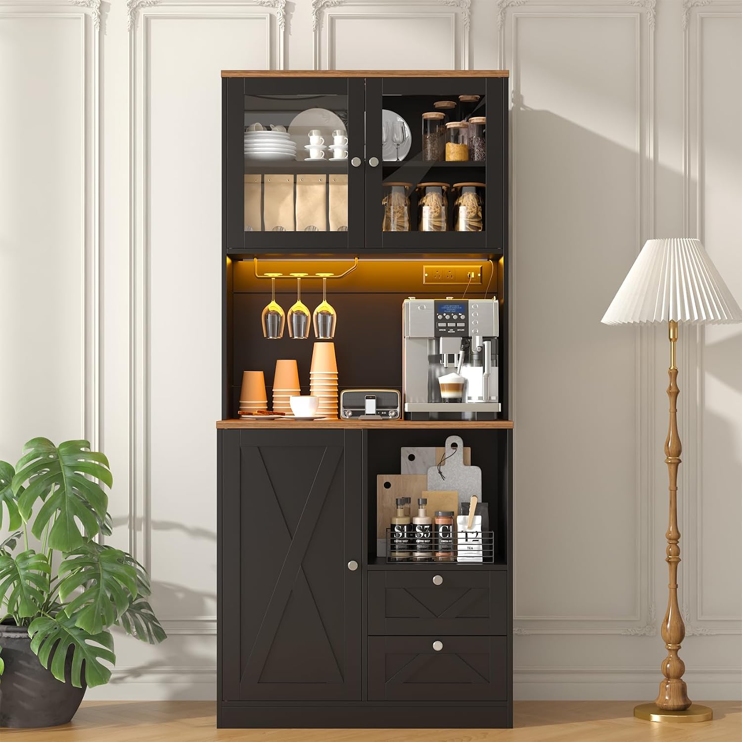 71' Tall Coffee Bar Cabinet with Storage Hutch, Farmhouse Kitchen Pantry Cabinet with LED Lights Microwave Stand and Glass Holder for Home Dining Room Kitchen (Black)