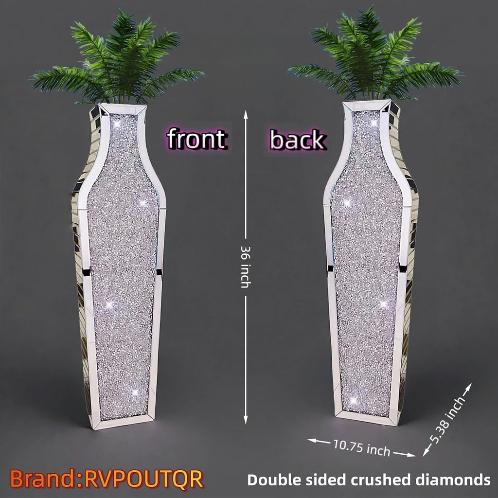 36' Extra Large Double Sided Crushed Diamond Vases, Extra Tall Mirrored Sliver Vase,Floor Vases Decorative Tall, Large Decorative Vase for Home,Office,Hotel Decor(10.6' L x5.37 W x 36' H)