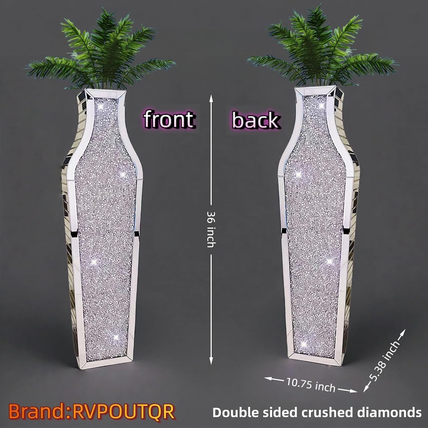 36' Extra Large Double Sided Crushed Diamond Vases, Extra Tall Mirrored Sliver Vase,Floor Vases Decorative Tall, Large Decorative Vase for Home,Office,Hotel Decor(10.6' L x5.37 W x 36' H)