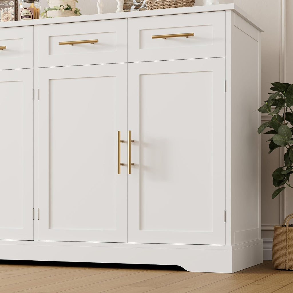 HOSTACK 60' Large Buffet Sideboard with Storage, 36' Tall Kitchen Buffet Storage Cabinet with 4 Drawers, Modern Coffee Bar Cabinet with Gold Handles, Long Sideboard Buffet Table for Kichen, White