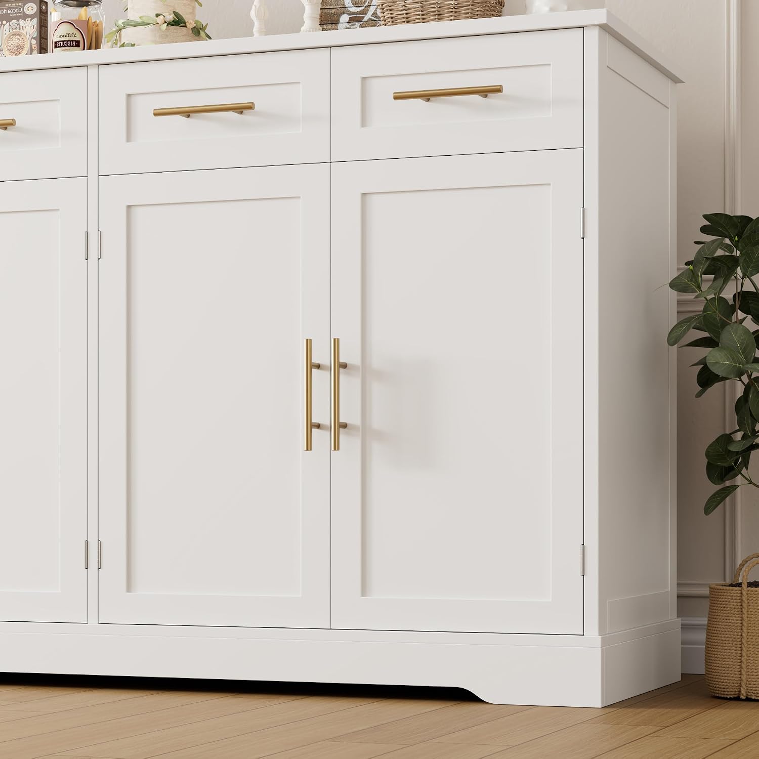 HOSTACK 60' Large Buffet Sideboard with Storage, 36' Tall Kitchen Buffet Storage Cabinet with 4 Drawers, Modern Coffee Bar Cabinet with Gold Handles, Long Sideboard Buffet Table for Kichen, White