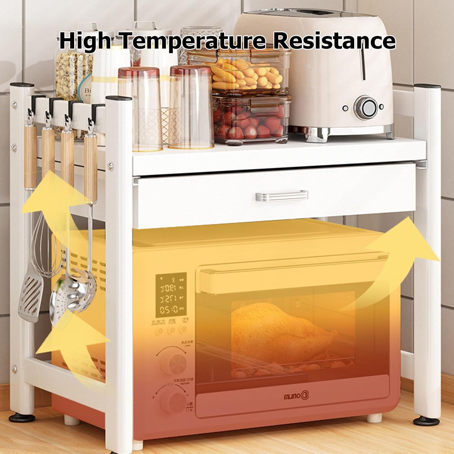 2/3 Tier Microwave Stand,Microwave Oven Rack with 4 Storage Boxes and 4 Hooks,Kitchen Bakers Rack with Sliding Drawer,Microwave Rack for Kitchen Living Dining(23.23 * 15.28 * 33.07in, A)
