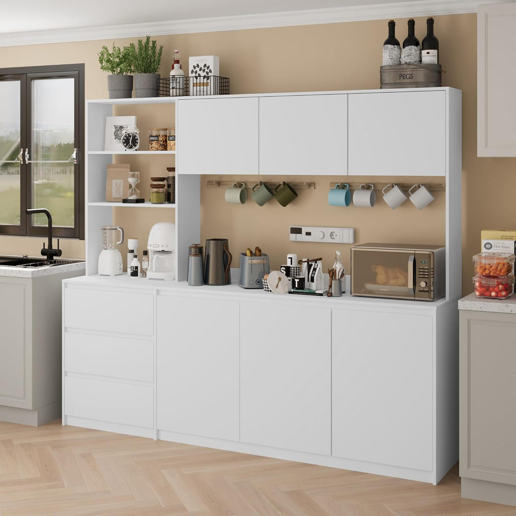 Mekminop Extra Large Kitchen Pantry with Microwave Shelf, Kitchen Hutch Storage Cabinet with Countertop, Freestanding Countertop Cabinet with 3 Drawers and 3 Open Shelves, White