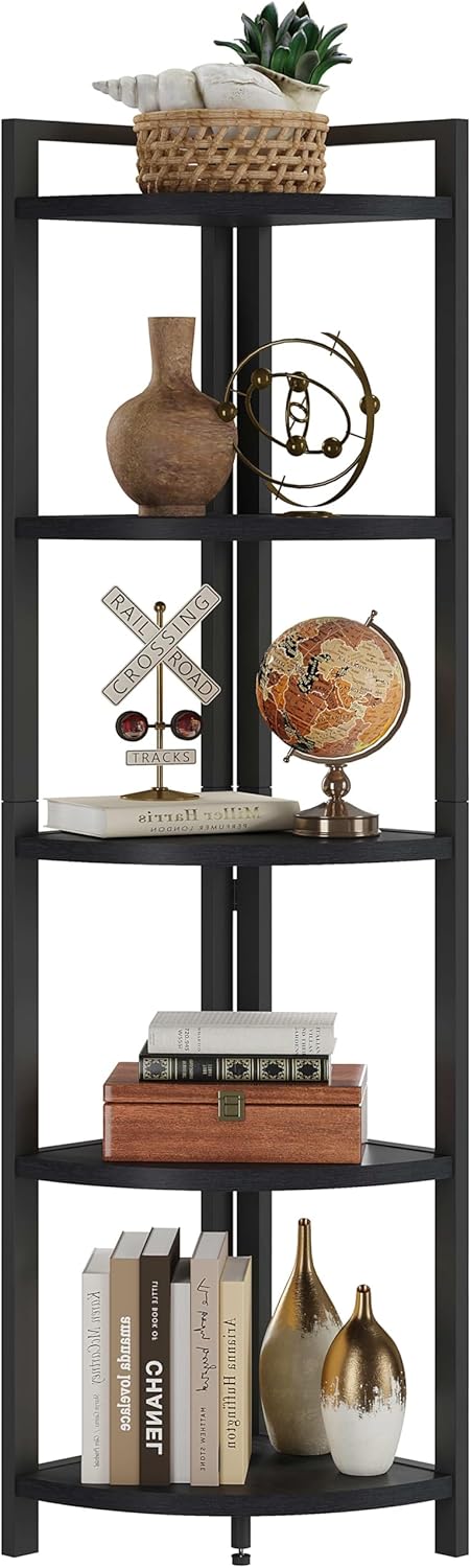FATORRI Rustic Tall Corner Shelf, 5 Tier Industrial Corner Bookshelf for Living Room, Dark Wood and Metal Corner Plant Stand for Balcony (Black)