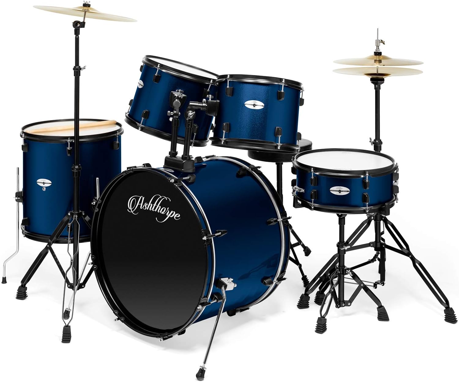 Ashthorpe 5-Piece Complete Full Size Adult Drum Set with Remo Batter Heads - Blue