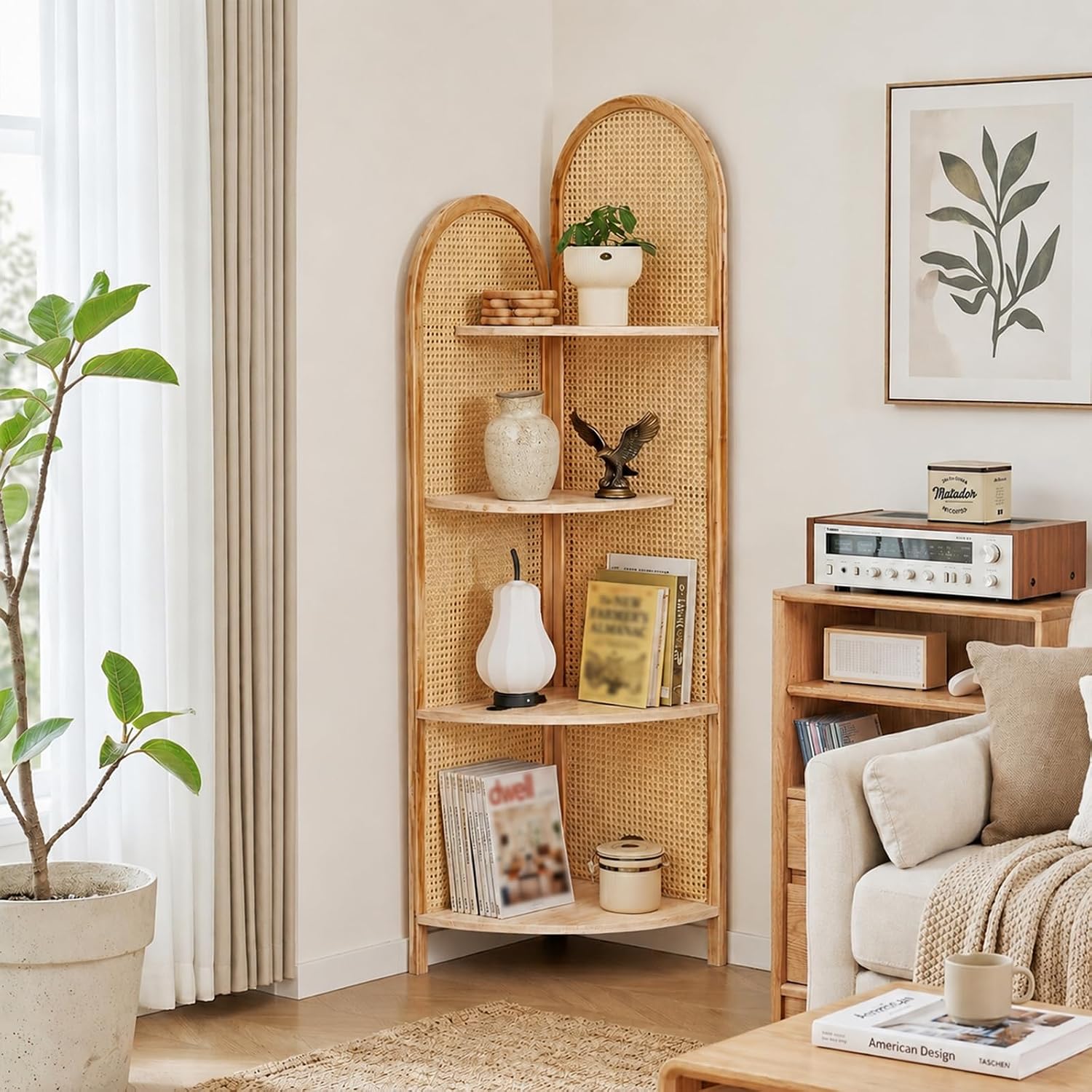 Corner Shelf Stand 4-Tier 70' Tall Corner Shelf with Solid Wood Frame and Rattan, Corner Bookshelf Organizer Rack, Corner Plant Stand for Living Room Decor, Small Space (Natural)