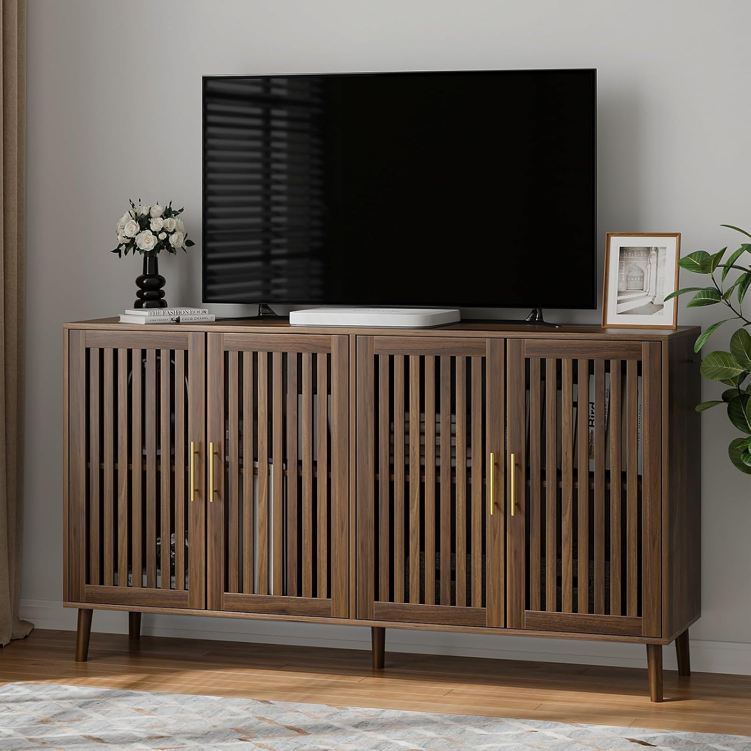 Buffet Cabinet with Storage, 63' Walnut Sideboard with Grille Doors&Adjustable Shelf, Wood Coffee Bar Storage Cabinet for Kitchen Living Room Entryway