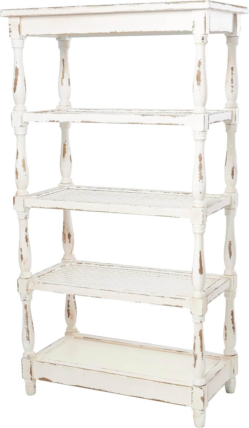 Deco 79 Farmhouse Distressed White Wood Bookshelf with Pierced Metal Interior Shelves & Turned Column Frame Shelving Unit, 30' x 16' x 55' White