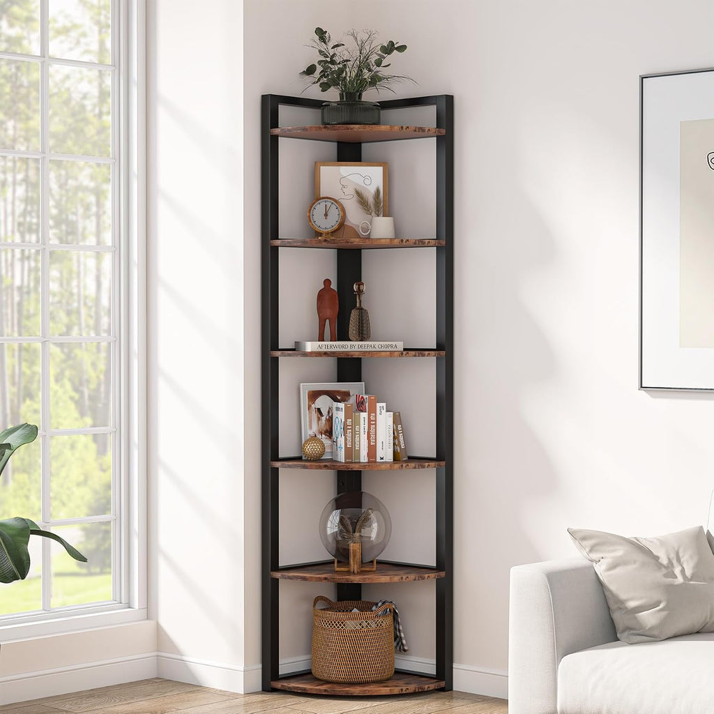 TRIBESIGNS WAY TO ORIGIN Corner Shelf, 70.9 Inch Tall Corner Bookshelf, 6 Tier Ladder Shelf with Metal Frames Multifunctional Modern Bookcase for Living Room, Home Office, Kitchen, Small Space (Brown)