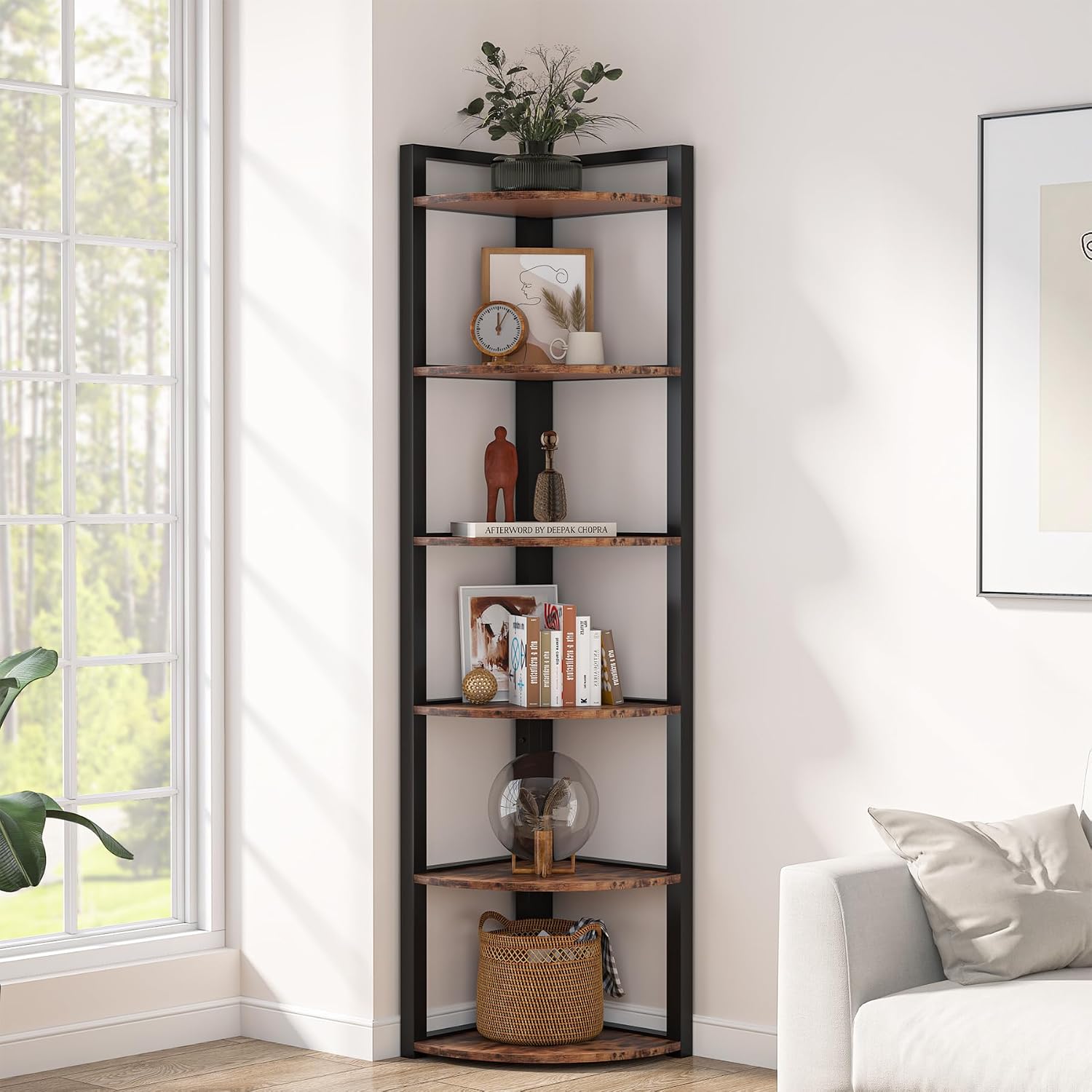 TRIBESIGNS WAY TO ORIGIN Corner Shelf, 70.9 Inch Tall Corner Bookshelf, 6 Tier Ladder Shelf with Metal Frames Multifunctional Modern Bookcase for Living Room, Home Office, Kitchen, Small Space (Brown)