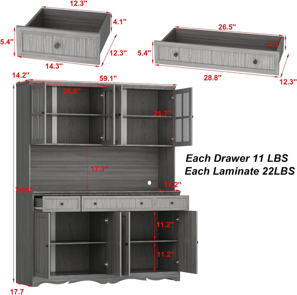 AIEGLE Large Kitchen Hutch Cabinet, Storage Cupboard Pantry with Glass Doors, Drawers & Countertop, Floor Kitchen Pantry Storage Cabinet Utility Buffet, Wooden Grey (61.2' L x 18.1' W x 75.9' H)