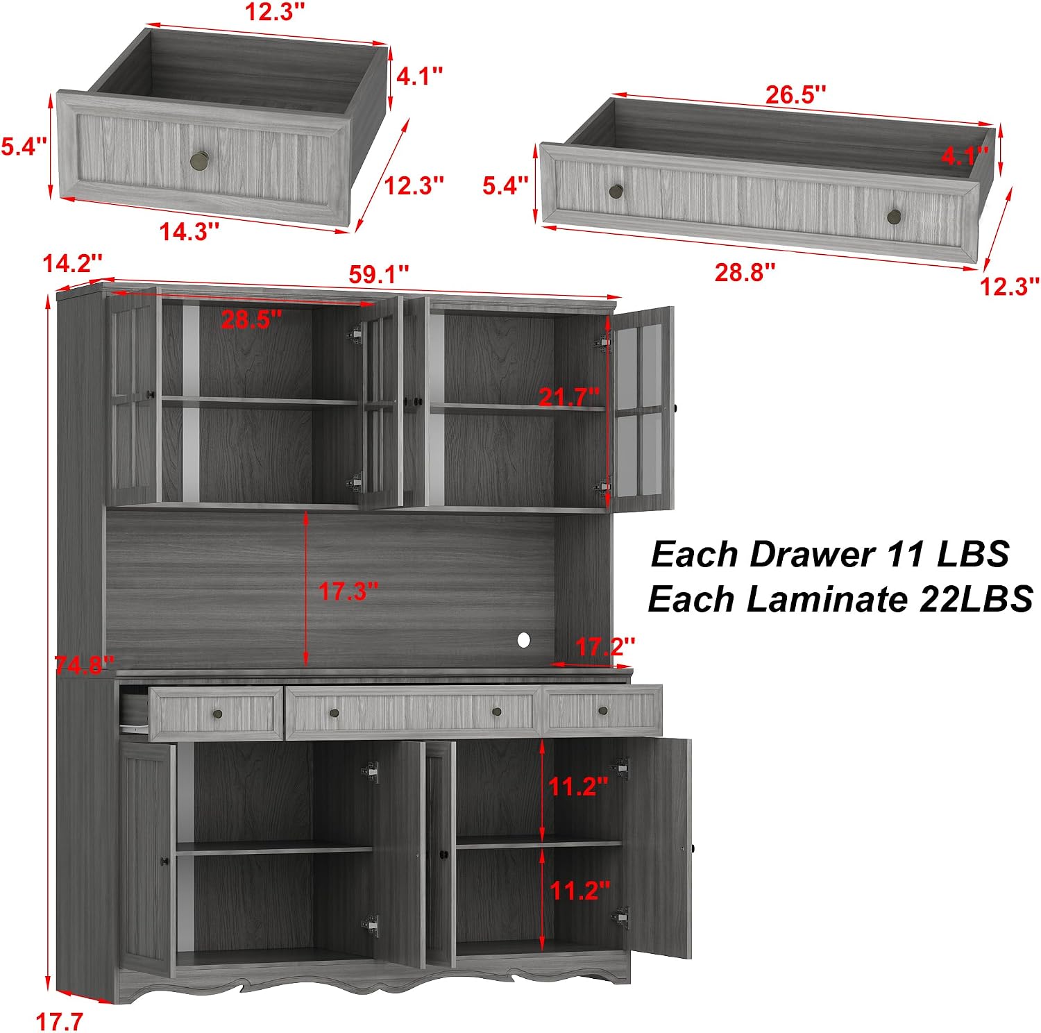 AIEGLE Large Kitchen Hutch Cabinet, Storage Cupboard Pantry with Glass Doors, Drawers & Countertop, Floor Kitchen Pantry Storage Cabinet Utility Buffet, Wooden Grey (61.2' L x 18.1' W x 75.9' H)
