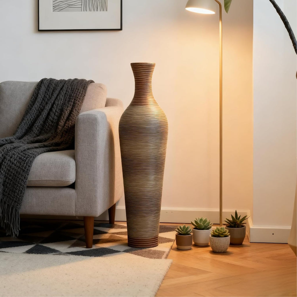 39-Inch Tall Vintage Floor Vase - Premium PVC Rattan Weave, Large Brown Standing Vase, Flower Holder for Home Decor (Brown Grey)