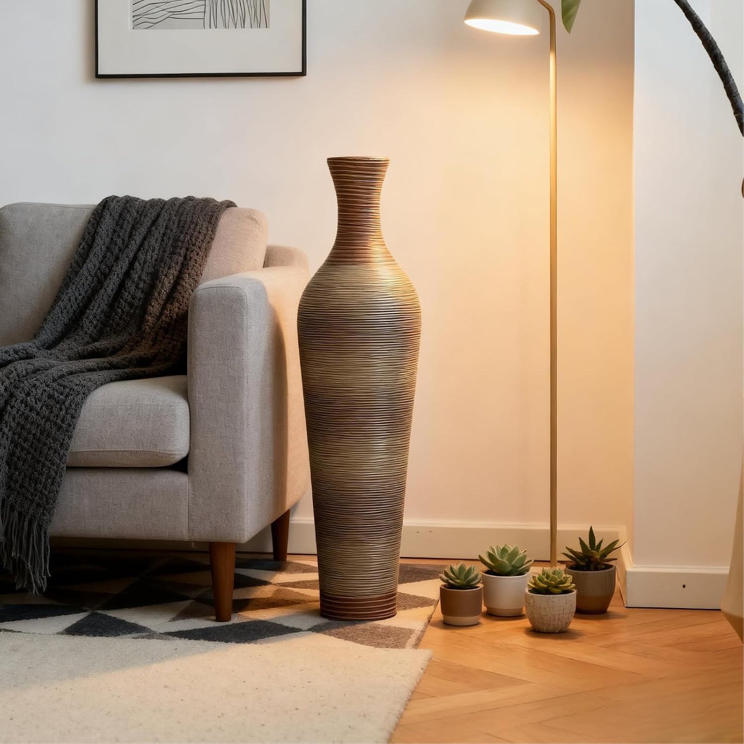39-Inch Tall Vintage Floor Vase - Premium PVC Rattan Weave, Large Brown Standing Vase, Flower Holder for Home Decor (Brown Grey)